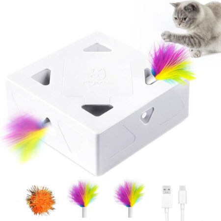 Migipaws Katzenspielzeug, interaktiv elektrisch 7-Loch-Mäuse MigiBox, Intelligentes Federspielzeug,Pappspielzeug für gelangweilte Katzen, wiederaufladbar, 4St Zubehör (Version 2...