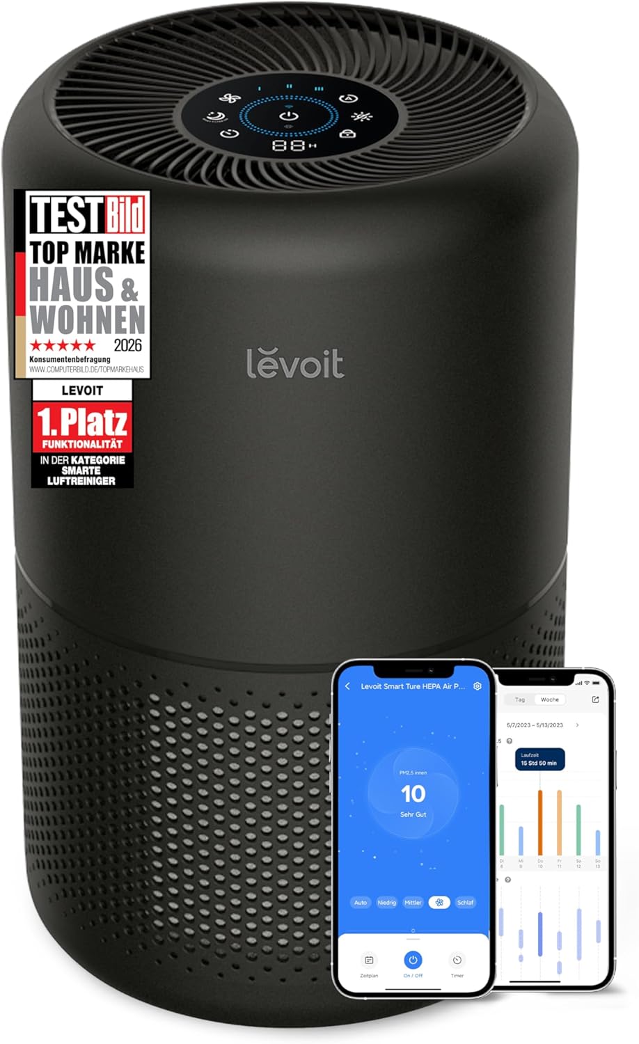Levoit Luftreiniger mit HEPA Luftfilter, CADR 258m³/h für bis zu 54㎡ Raucherzimmer, 99,97 Prozent Schimmel Staub Pollen Tierhaare, AirPurifier mit Luftqualitätsanzeige und AutoundSchlafmodus, Schwarz