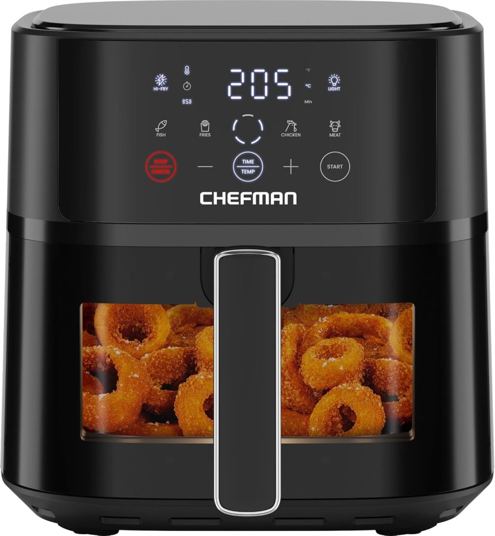 Chefman 2L Mini-Heissluftfritteuse – Kompakter und platzsparender Airfryer, Antihaftkorb, Zubereitung von Mahlzeiten in wenigen Minuten, digitale Zeitschaltuhr und Schüttelanzei...