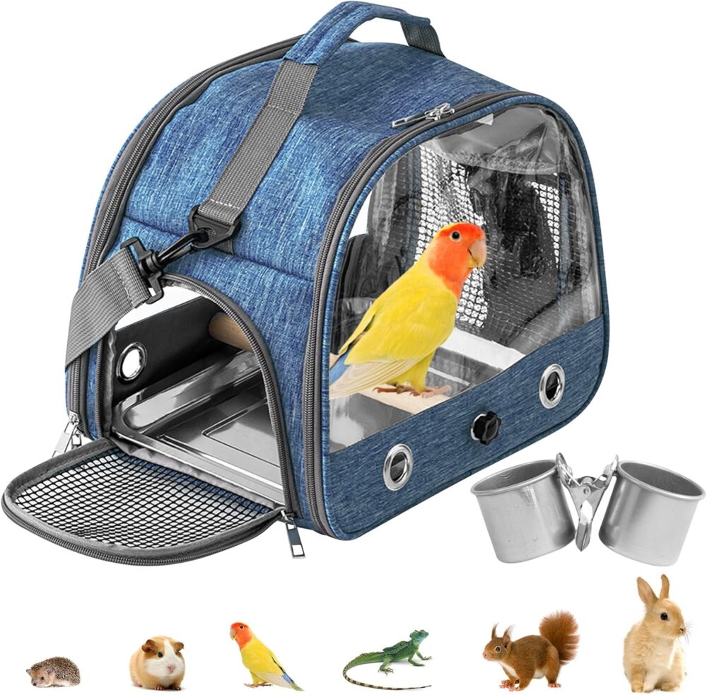 WIYETY Transportbox Transportbehälter für Vögel: Rucksack für Vögel mit Sitzstange und Edelstahl Tablett, Leichter Atmungsaktiver Transportbox, Haustier Reisekäfig für Papageien...