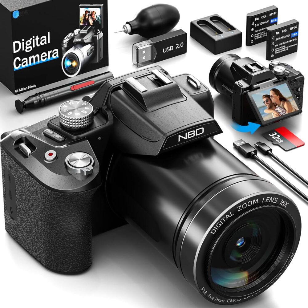 NBD 8K Digitalkamera 64MP mit 16X Optischem Zoom & Autofokus, 3" 180° Drehdisplay, WiFi – inkl. 64GB Karte + Wartungskit(Schwarz) - Produktbild