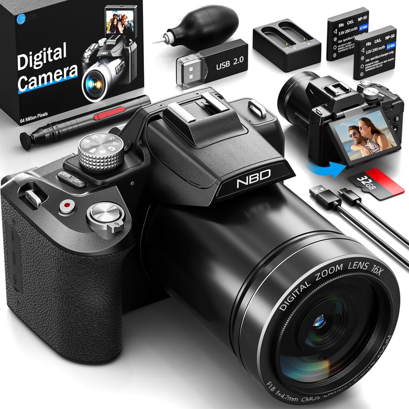 NBD 8K Digitalkamera 64MP mit 16X Optischem Zoom & Autofokus, 3" 180° Drehdisplay, WiFi – inkl. 64GB Karte + Wartungskit(Schwarz) - Produktbild