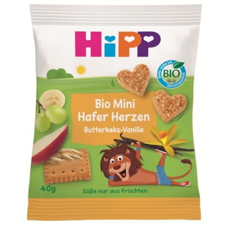 HiPP Mini Hafer-Herzen Butterkeks-Vanille (12 x 40g), ab 1 Jahr, Bio Riegelsnack in Herzform, mit hohem Getreide- und Ballaststoffanteil, Süße nur aus Früchten, in bester Bio-Qualität