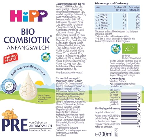 HiPP PRE Bio Combiotik trinkfertig (6 x 200ml), Anfangsmilch von Geburt an, enthält nur Lactose als Kohlenhydrat, in bester Bio-Qualität – Bild 3