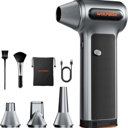 WOLFBOX MF200 Elektrisches Staubgebläse mit Abnehmbarem Akku, 87.5 m/s Air Duster Kabellos, 3-Stufen Akku Gebläse mit 4 Düsen, Druckluftspray Alternative für PC Reinigung, Tastatur, Auto, Outdoor