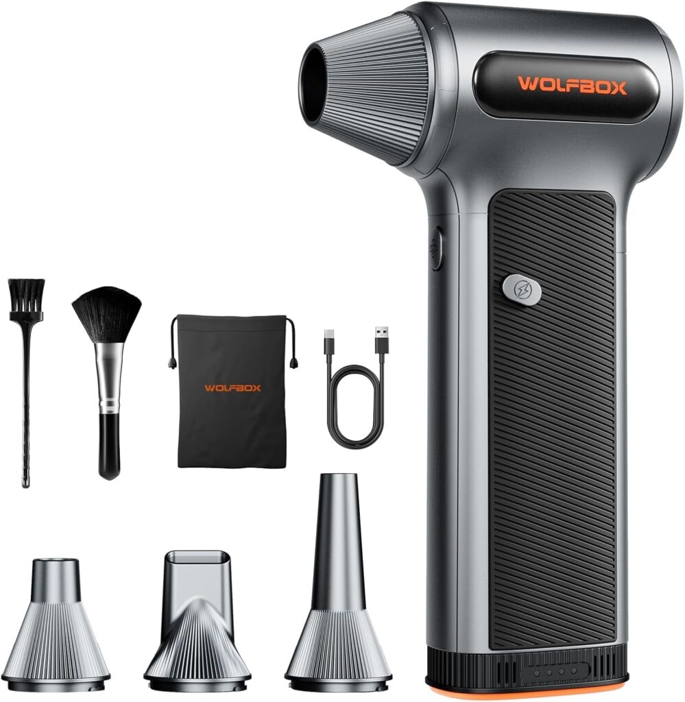 WOLFBOX MF200 Elektrisches Staubgebläse mit Abnehmbarem Akku, 87.5 m/s Air Duster Kabellos, 3-Stufen Akku Gebläse mit 4 Düsen, Druckluftspray Alternative für PC Reinigung, Tastatur, Auto, Outdoor
