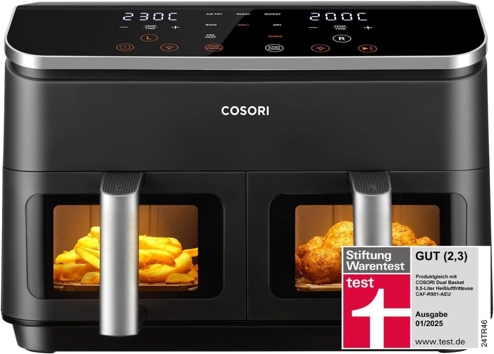COSORI Airfryer, Testsieger der Stiftung Warentest, Heißluftfritteuse 2 Kammern, 8,5L Heissluftfritteuse mit Sichtfenster, Metall-Innenraum reduziert Kunststoffkontakt - Hauptbild