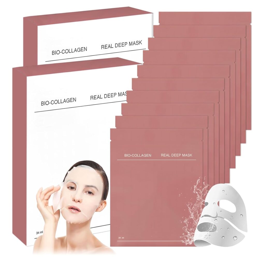 Pack of 10 Organic Collagen Real Deep Mask, Collagen Mask Overnight, Collagen Mask Face Overnight, Deep Collagen Mask, Moisturising Mask mit Hydrolysed Collagen - Produktbild
