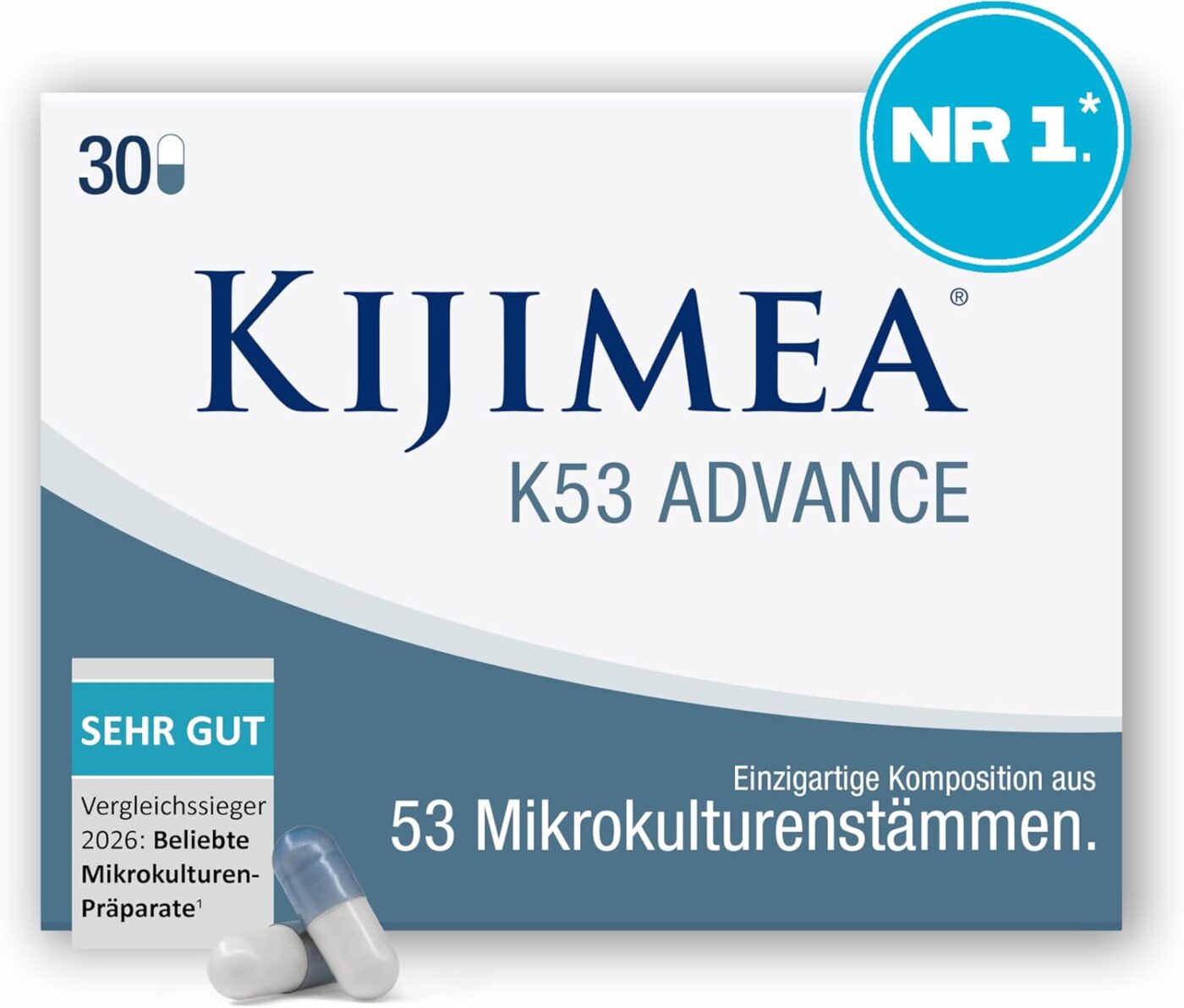 Kijimea® K53 Advance – Darmbakterien hochdosiert | 53 ausgewählte Bakterienstämme aus der Darmflora | mit Biotin | >500 Milliarden KBE je Monatspackung | laktosefrei | glutenfrei - 30 Kapseln - Hauptbild