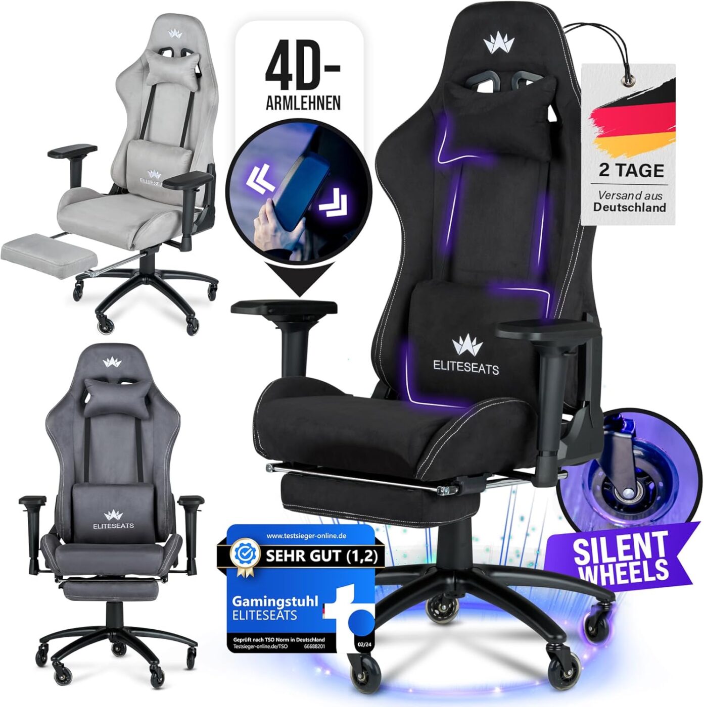 ELITESEATS Gaming Stuhl Ergonomisch [TESTSIEGER] Kratzerfreie Rollen Atmungsaktiv, 4D-Armlehnen, mit Fußstütze | Ergonomischer Gamingstuhl Stoff 150 kg Belastbarkeit | Gaming Chair | Gaming Sessel - Hauptbild